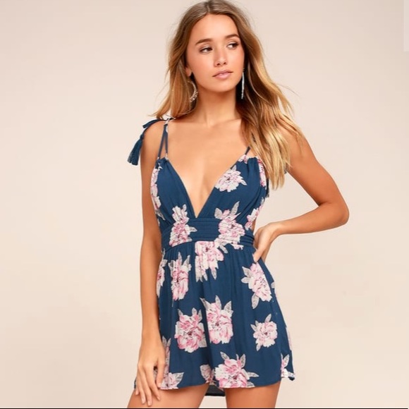 Lulus Pants - NEW! We Found Love Denim Blue Floral Romper